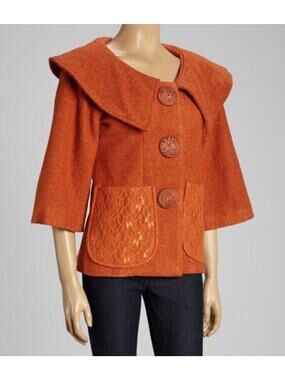 Cupcake Orange button-up jacket women's size Medium wool silk coat lace pockets